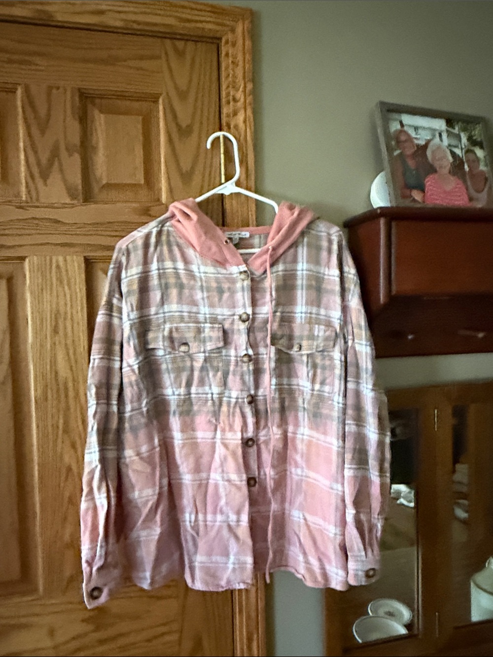 white birch Pink Plaid Button-Down Hooded Shirt